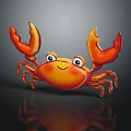 Playful 3D Cartoon Orange Crab with Large Claws Smiling Face and Shiny Reflection