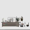 Wooden Retail Display Shelf Featuring Clothing Accessories Decorative Plants And Mannequins