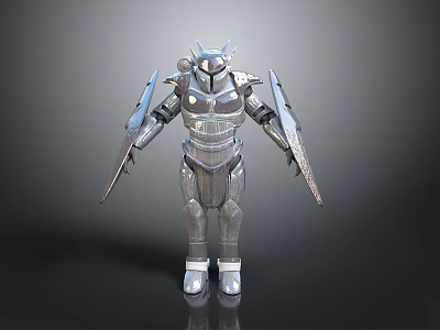 3D Silver Robot Character With Mechanical Armor Shield Arms And Metallic Body 3d model