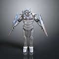 3D Silver Robot Character With Mechanical Armor Shield Arms And Metallic Body