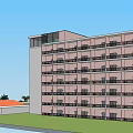Modern Building Exterior With Orange Triangular Roof Glass Facade And Palm Trees