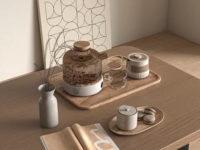 Elegant Tea Set With Glass Teapot Teacups And Tea Caddy On Wooden Table Woven Tray 3d model
