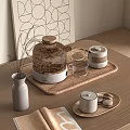 Elegant Tea Set With Glass Teapot Teacups And Tea Caddy On Wooden Table Woven Tray