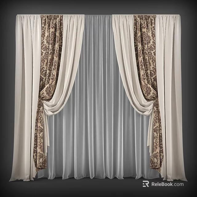 Elegant Cream Curtains With Patterned Panels And Sheer Inner Layer Design 3d model 