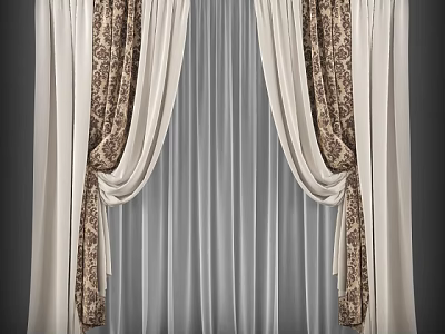Elegant Cream Curtains With Patterned Panels And Sheer Inner Layer Design 3d model