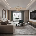 Modern Living Dining Room Interior With Beige Sofa Round Coffee Table And Decorative Painting