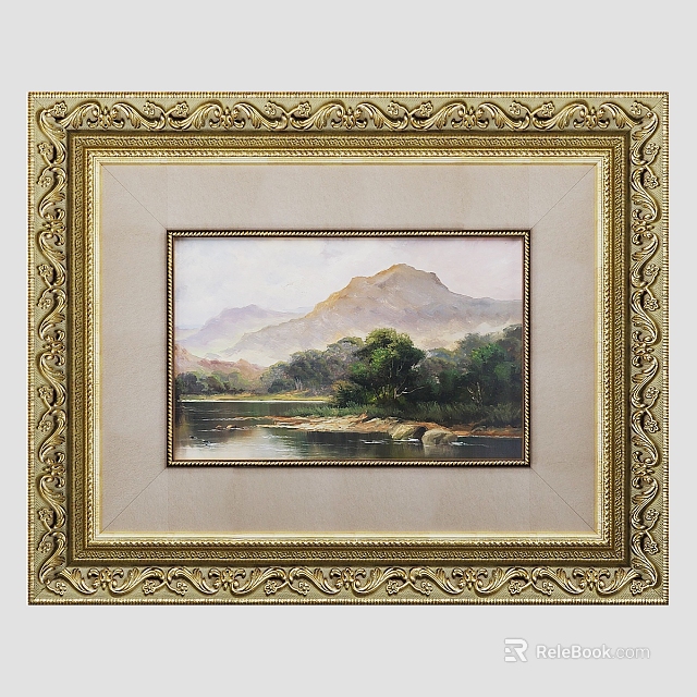 Landscape Painting In Golden Carved Frame With Mountains River And Green Trees 3d model 