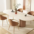 Elegant Oval Dining Table Set with Four Beige Chairs Green Plant Vase and Wooden Floor