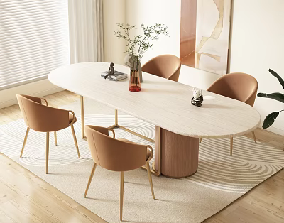 Elegant Oval Dining Table Set with Four Beige Chairs Green Plant Vase and Wooden Floor 3d model