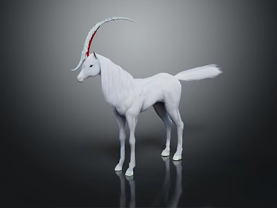 White Unicorn with Long Horn Featuring Red Tip Standing on Black Background with Reflection 3d model