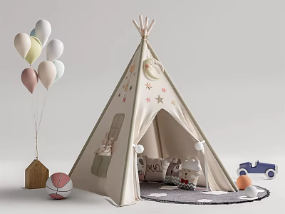 Kids Teepee Tent with Moon and Star Patterns Stuffed Toys and Colorful Balloons Around 3d model