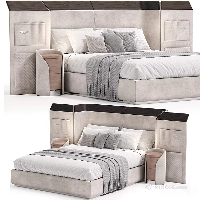 Modern Upholstered Double Bed With Storage Headboard Soft Pillows And Cozy Bedding 3d model