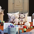 Various Stuffed Dolls And Plush Toys On Mat With Pillows Building Blocks And Accessories