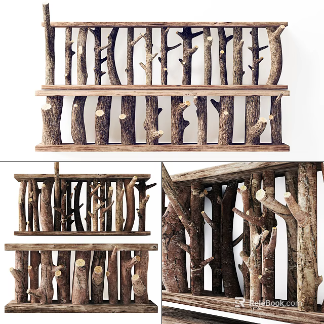Natural Handmade Wooden Wall Decor with Rustic Branch Design and Shelf 3d model 