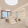 Modern Retail Store Interior With White Shelves Wooden Stools Green Plants Round Ceiling Lights And Display Island