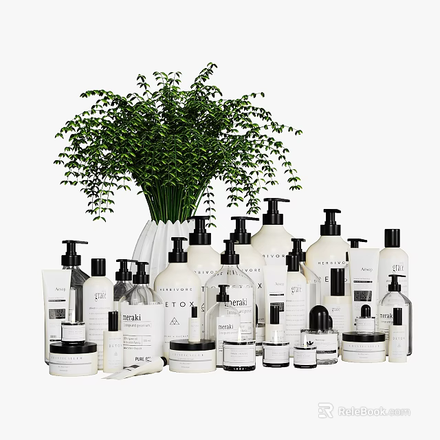 Minimalist Bathroom Accessories With Various Bottles Jars And Green Plant For Home 3d model 