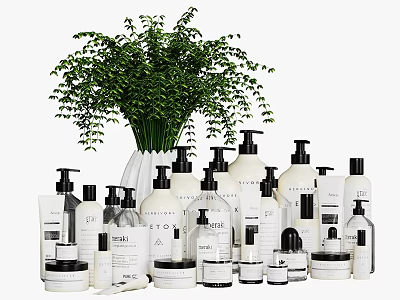 Minimalist Bathroom Accessories With Various Bottles Jars And Green Plant For Home 3d model