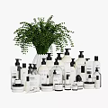 Minimalist Bathroom Accessories With Various Bottles Jars And Green Plant For Home