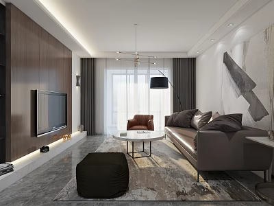 Modern Living and Dining Room Interior With Brown Sofa Round Coffee Table and Abstract Painting 3d model