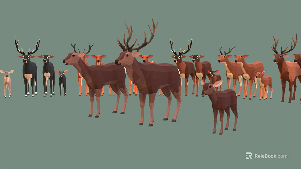 Group of Deer with Various Sizes Antlers and Fawns in Natural Scene 3d model 