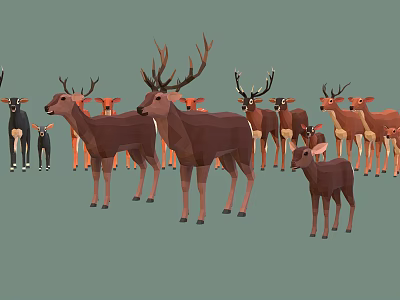 Group of Deer with Various Sizes Antlers and Fawns in Natural Scene 3d model