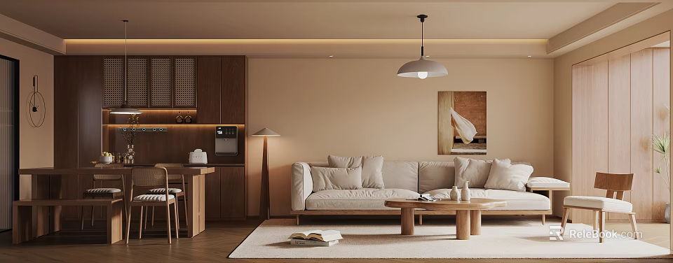 Modern Living and Dining Room Interior With Beige Sofa Wooden Coffee Table And Wall Art 3d model 