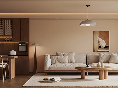 Modern Living and Dining Room Interior With Beige Sofa Wooden Coffee Table And Wall Art 3d model