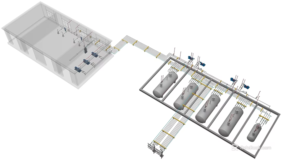 Industrial Equipment Facility Layout With Storage Tanks And Connected Pipelines 3d model 