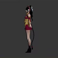 3D Female Character Model In Red And Gold Costume With Elaborate Headdress And Twin Ponytails