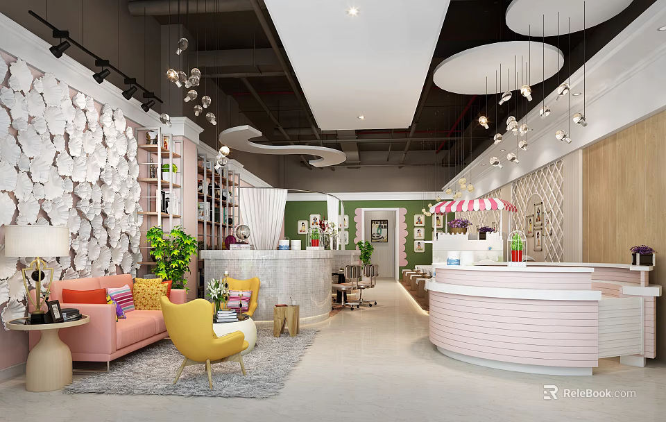 Modern Beauty Hair Salon Interior Design With Reception Counter Sofas And Decorative Wall 3d model 