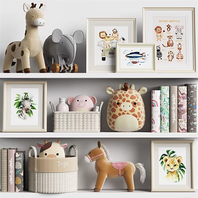 Adorable Plush Toys Arranged on Shelf with Framed Pictures Books and Decorative Basket 3d model