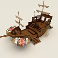 Wooden Pirate Ship Design Featuring Sails Ladder Slide Stairs And Black Flags