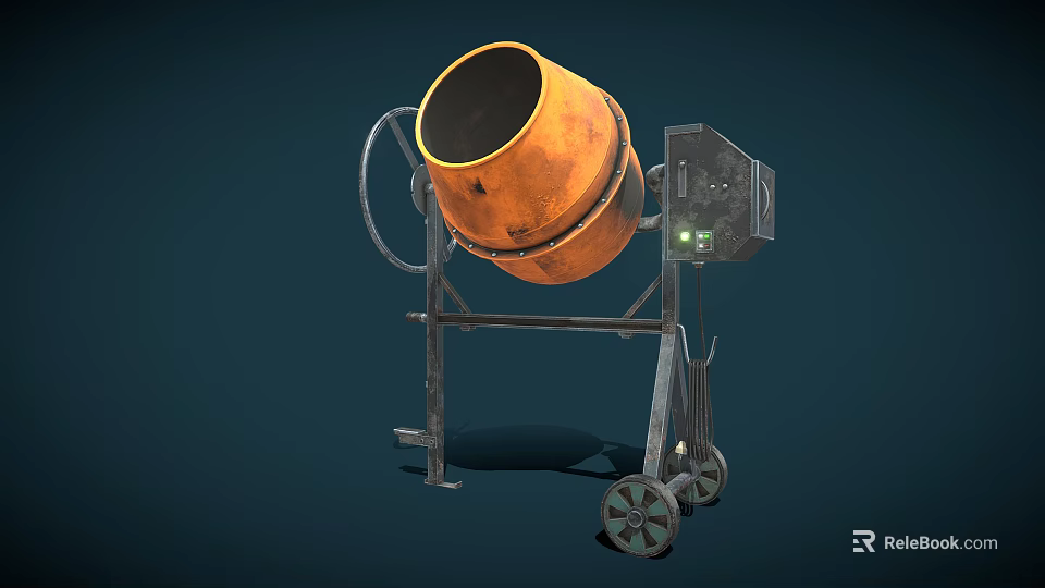Industrial Orange Drum Concrete Mixer With Metal Frame Wheels And Control Unit 3d model 