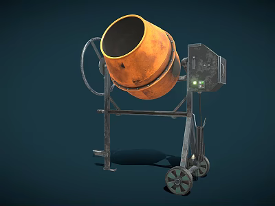 Industrial Orange Drum Concrete Mixer With Metal Frame Wheels And Control Unit 3d model