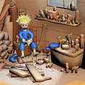 Little Blond Child In Wooden Workshop Surrounded By Handmade Animal Figures
