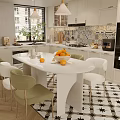 Modern Kitchen Interior With White Cabinets Tiled Backsplash Pendant Lights And Checkerboard Floor