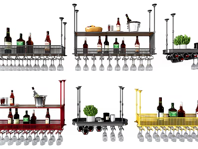 Multicolored Wine Rack Storage With Wine Bottles Glasses And Decorative Plants 3d model