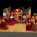 Festive Opening Ceremony Setup With Red Decorations Golden Eggs Big Drum And Wooden Floor