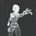 Woman with purple short hair in black tight outfit extending hand with purple glowing glove