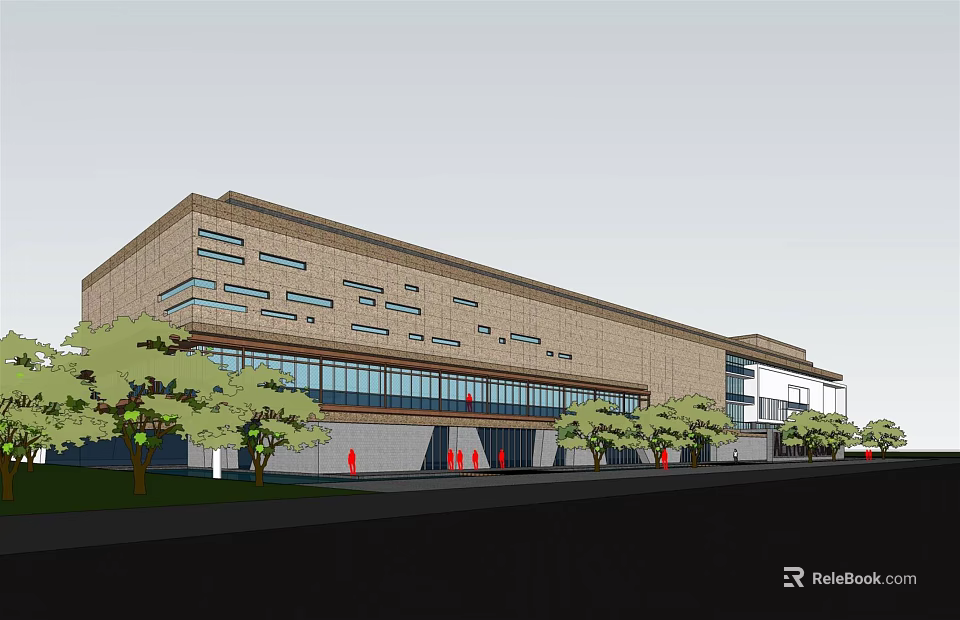 Modern Building Design With Brick Facade Glass Windows Red Entrance And Trees 3d model 