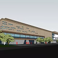 Modern Building Design With Brick Facade Glass Windows Red Entrance And Trees