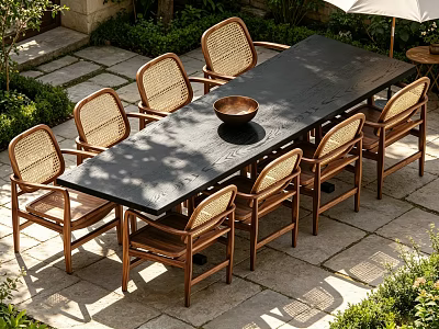 Outdoor Dining Set With Black Wooden Table Rattan Back Chairs Stone Patio Greenery And Umbrella 3d model