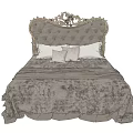Elegant Double Bed Featuring Ornate Headboard White Gray Pillows And Patterned Bedspread 3d model