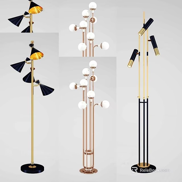 Modern Floor Lamps Featuring Gold Black Copper Frames And Spherical Conical Shades 3d model 