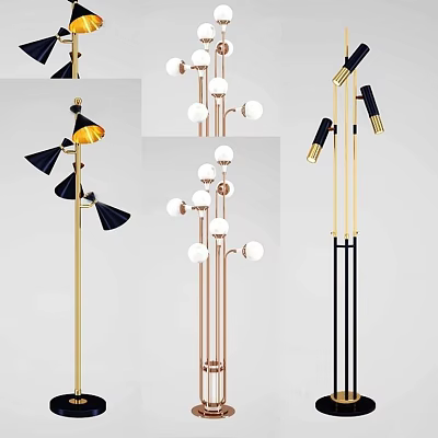 Modern Floor Lamps Featuring Gold Black Copper Frames And Spherical Conical Shades 3d model