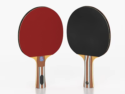 A Pair of Table Tennis Rackets With Red Black Surfaces and Wooden Handles 3d model