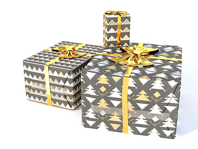 Decorative Gift Boxes With Geometric Patterns And Gold Bows On White Background 3d model
