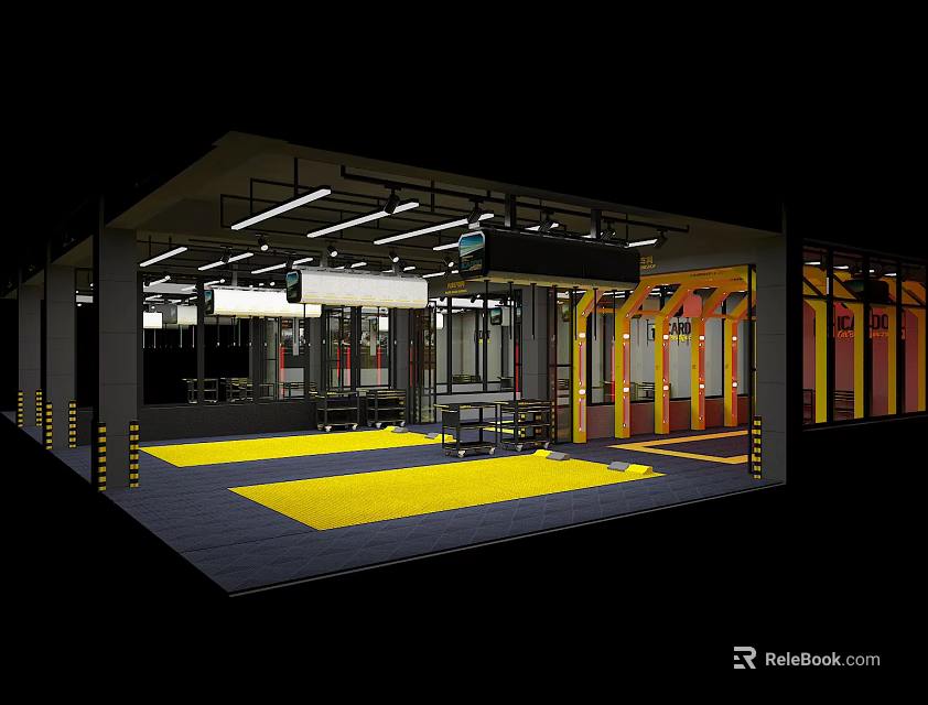 Spacious Auto 4S Shop Interior With Yellow Service Area And Bright Ceiling Lighting 3d model 