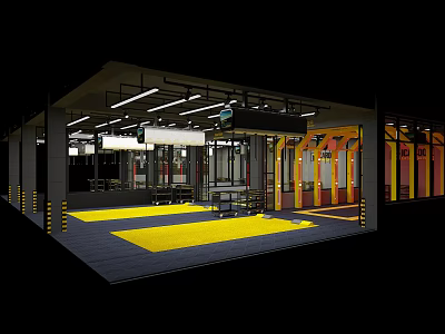 Spacious Auto 4S Shop Interior With Yellow Service Area And Bright Ceiling Lighting 3d model