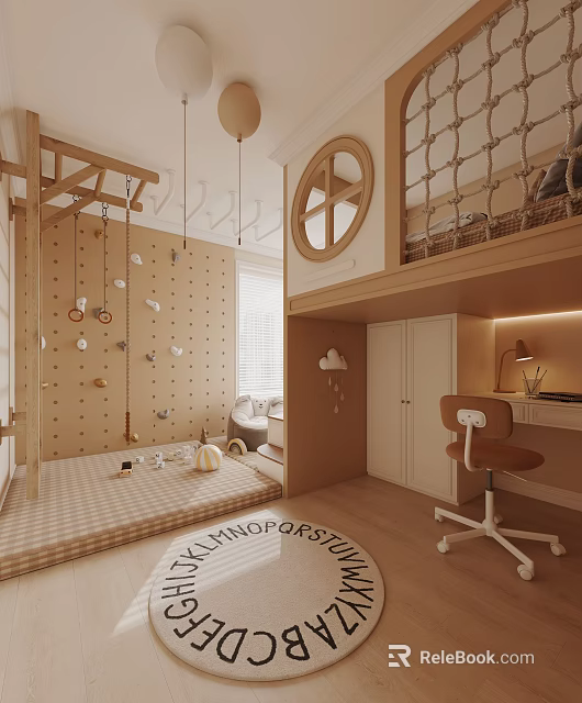 Kids Room Interior With Climbing Wall Swing Bunk Bed Desk And Round Window 3d model 